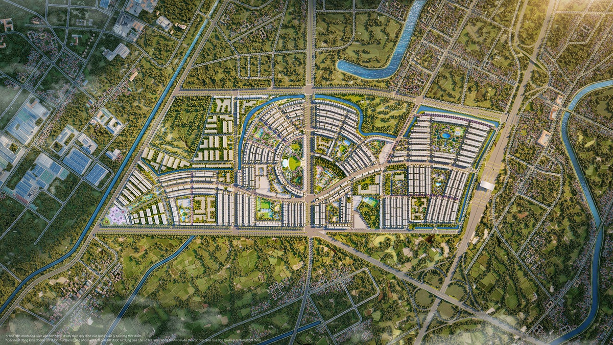 Phối cảnh khu đô thị Vinhomes Golden City Dương Kinh với các công trình hiện đại và không gian xanh